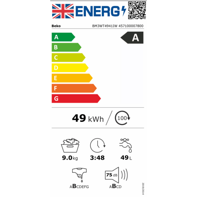 Beko BM3WT4941IW/M 9kg 1400rpm IronFast EnergySpin Washing Machine