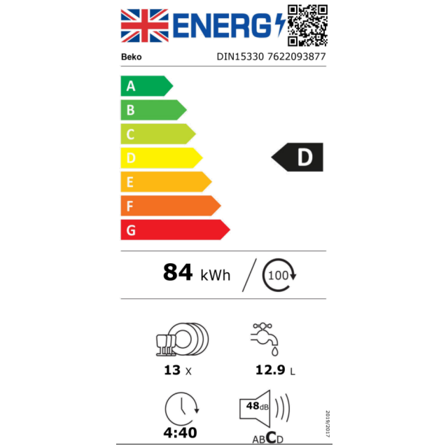 Beko b100 DIN15330/M 13 Place Setting 5 Program Integrated Full Size Dishwasher