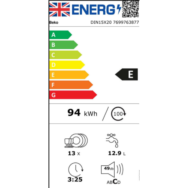 Beko DIN15X20/M 13 Place Setting 5 Program Integrated Dishwasher
