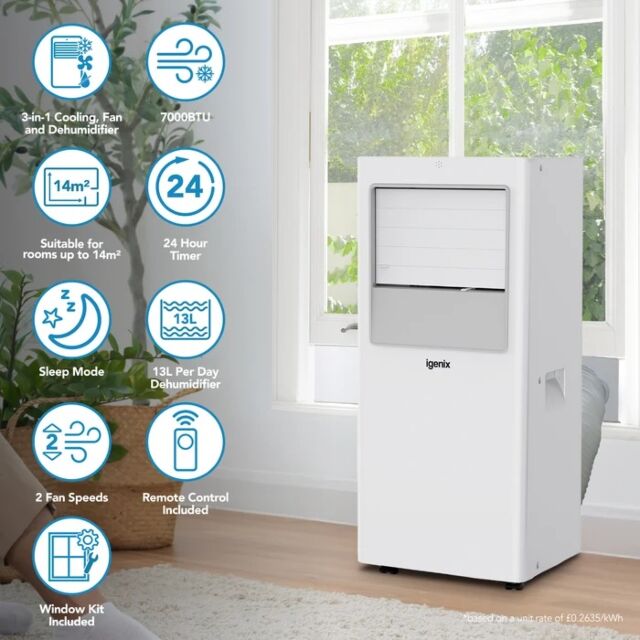 Igenix IGAC01007W 7000BTU 3-in-1 Remote Control Portable Air Conditioner