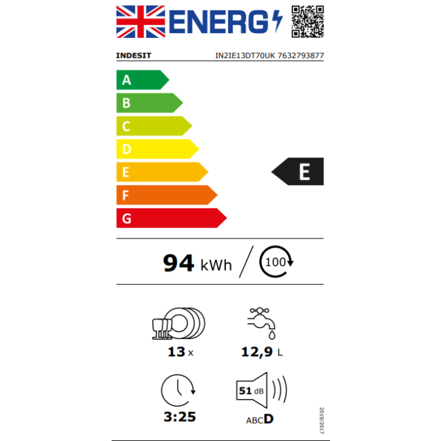 Indesit IN2IE13DT70UK/M 13 Place Setting 5 Program Built-In Full Size Dishwasher