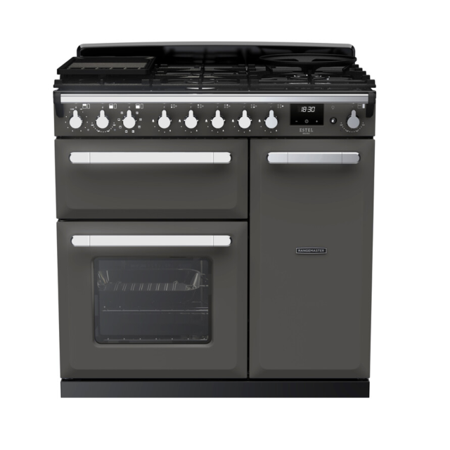 Rangemaster Estel Deluxe 90cm 5 Ring Gas Hob Double Oven Dual Fuel Range Cooker